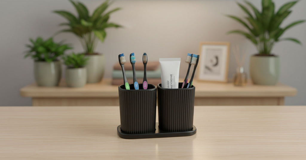 Black toothbrush holder with toothbrushes and a tube of toothpaste on a wooden surface with plants in the background.