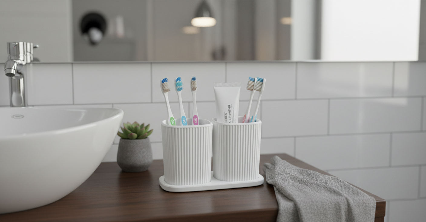 Bathroom counter with toothbrush holder, sink, and towel