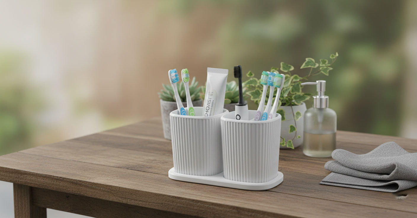 White ceramic toothbrush holder with toothbrushes and toothpaste on a wooden table with a blurred green background